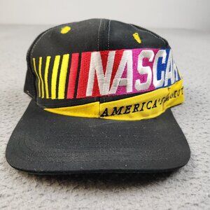 Vintage NASCAR Hat Cap Strapback 90s Big Graphic Embroidered Black Yellow Racing